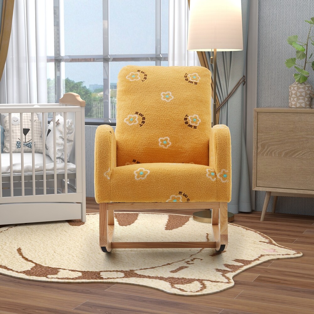 Modern Rocking Chair for Nursery  Mid Century Accent Rocker Armchair With Side Pocket  Upholstered High Back