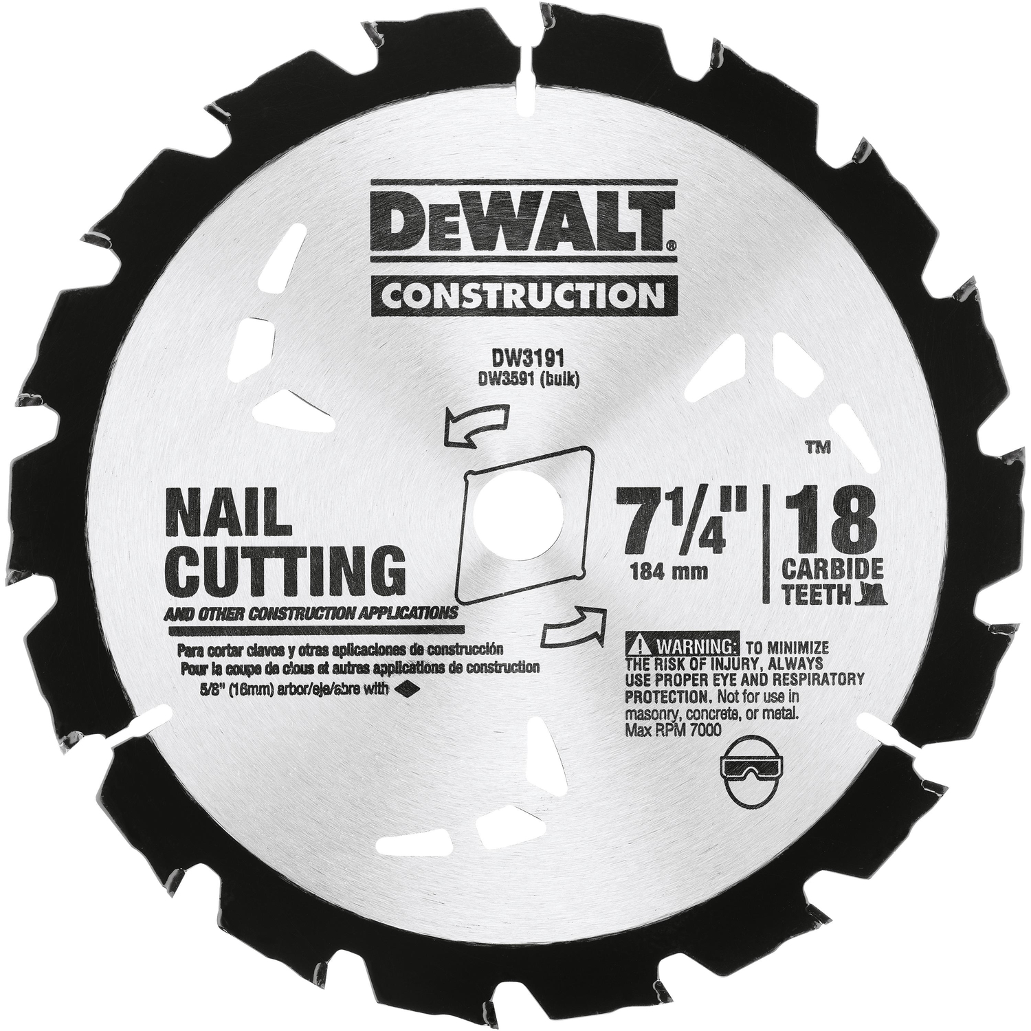 DW 7-1/4 in. D X 5/8 in. Construction Carbide Circular Saw Blade 18 teeth 1 pk