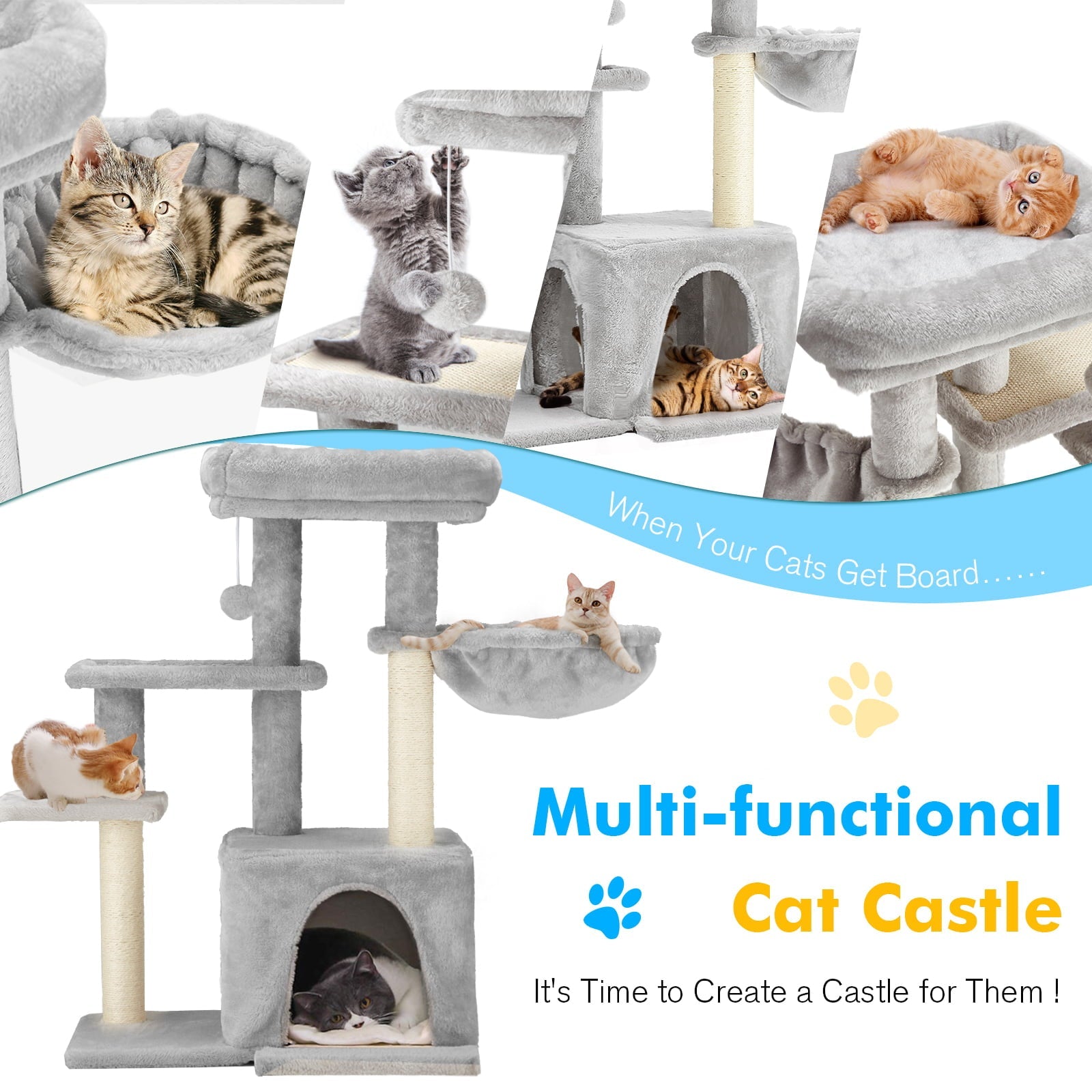 Yoleny Cat Tree for Indoor Cats, 33" Small Cat Tower with Top Perch, Cat Condo, Scratching Posts, Multi-level Tower for Cats and Kittens, Light Gray