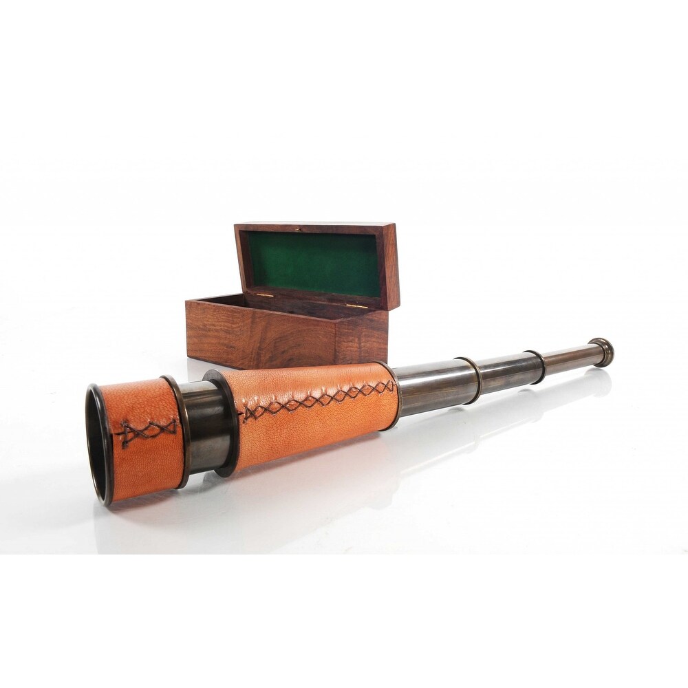 Natural Leather and Brass Handheld Telescope in Wood Box   16x2.25x2.25\