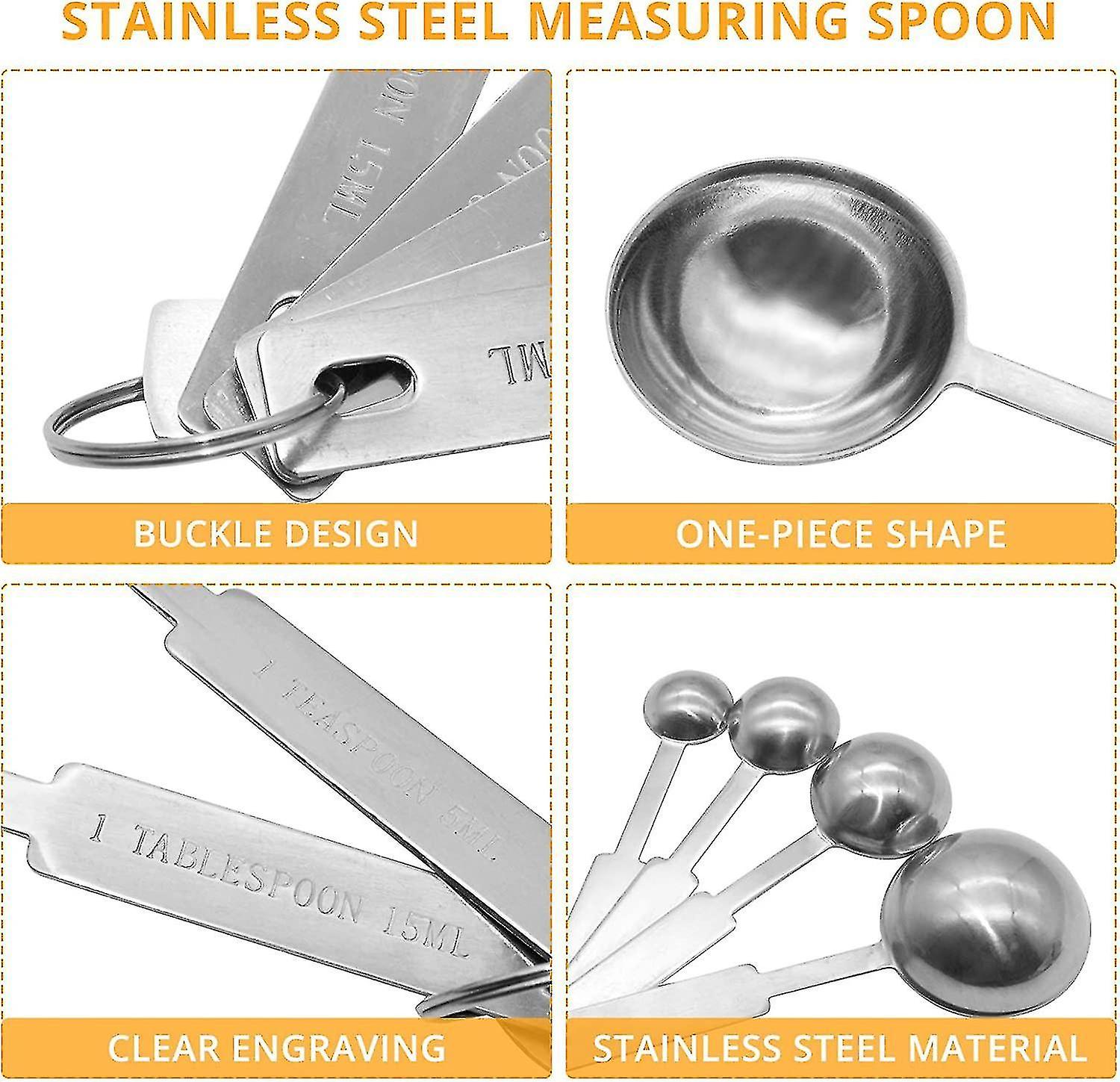 Kitchen Baking Measuring Stainless Steel Spoon andcups Set For Dry Or Liquid (4 Pcs， Silver)