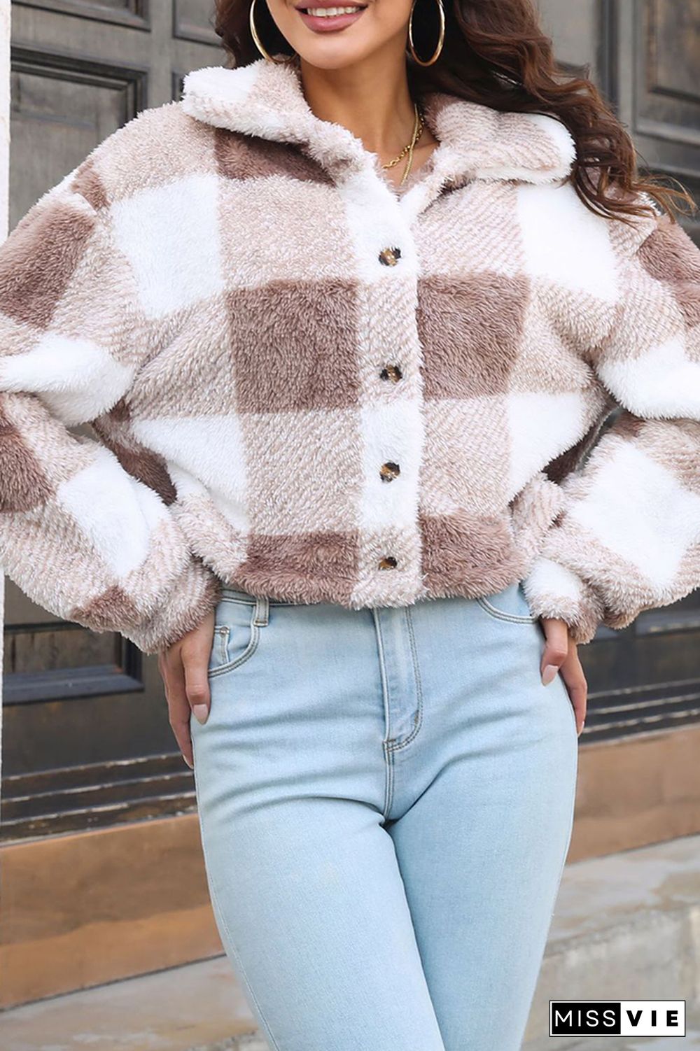 Open Button Fleece Plaid Crop Jackets