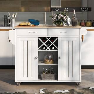 HwoamneT White Kitchen Island Cart with 2 Storage Cabinets 4 Locking Wheels Wine Rack 2-Drawers Spice Rack Towel Rack SH#WF28735WH