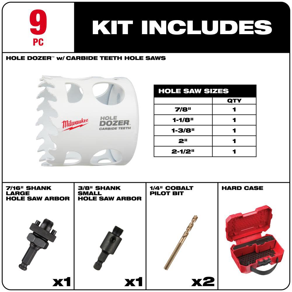 MW 9 PC HOLE DOZER with Carbide Teeth Hole Saw Kit 49-22-3079 from MW