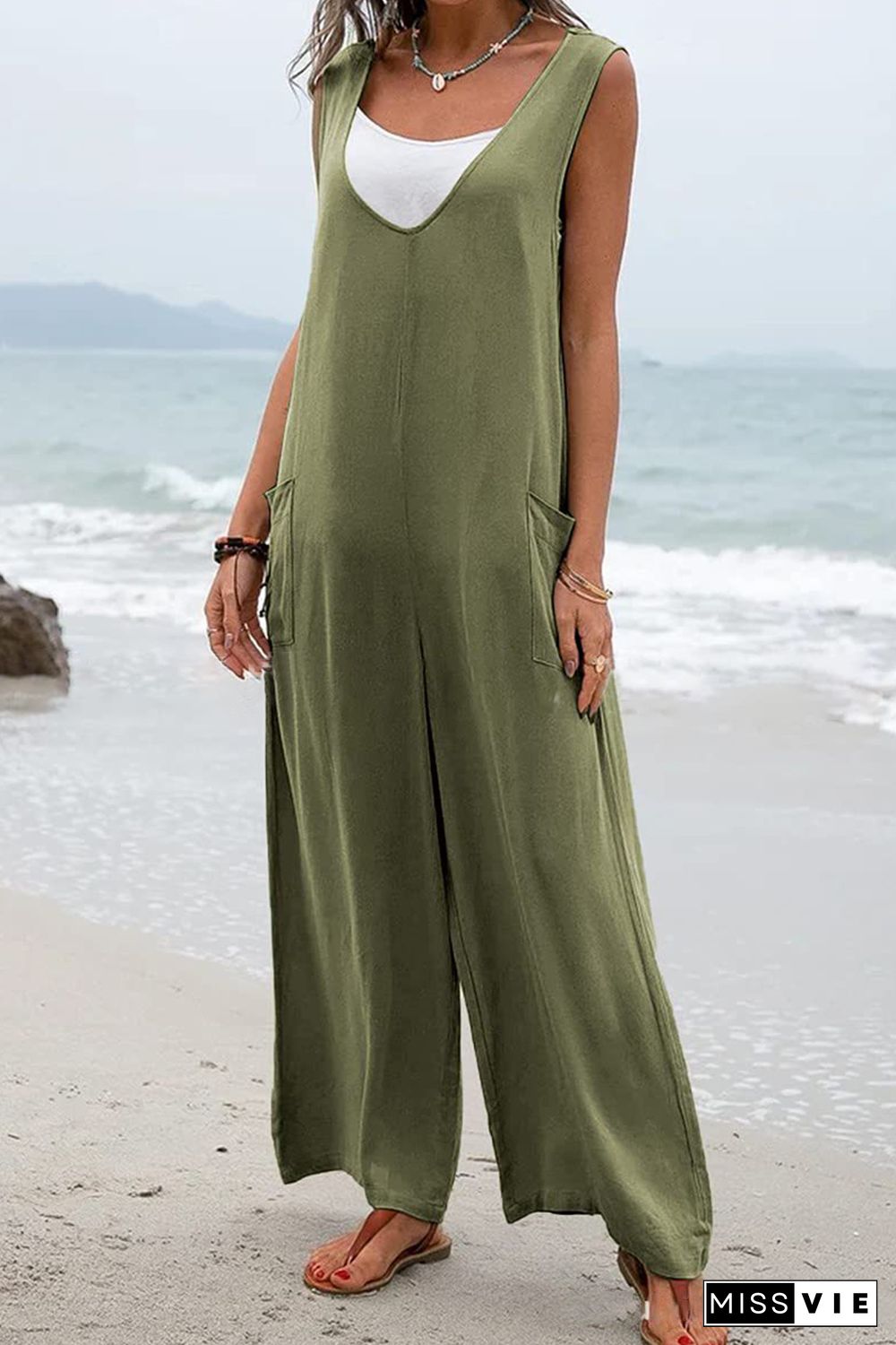 Green Sleeveless V Neck Wide Leg Jumpsuit with Pockets