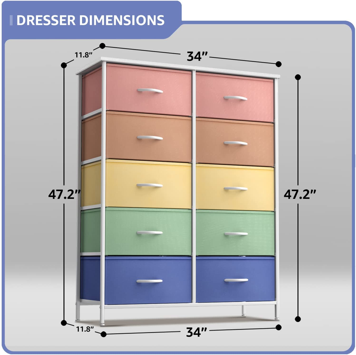 Sorbus Dresser with 10 Drawers - Storage Unit Organizer Chest for Clothes - Bedroom, Kids Room, Nursery, & Closet - Steel Frame, Wood Top, and Easy Pull Fabric Bins