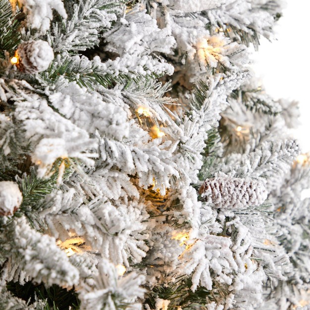 Nearly Natural 10-ft Flocked White River Mountain Pine Christmas Tree With Pinecones And 800 Clear Led Lights