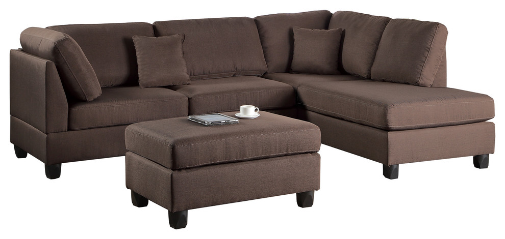 Pistoia 3 Pieces Sectional Sofa with Ottoman Upholstered in Chocolate Fabric   Contemporary   Sectional Sofas   by Hollywood Decor  Houzz