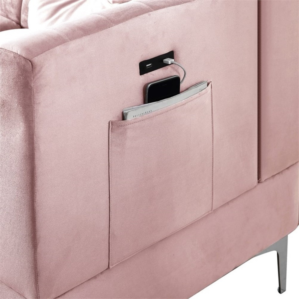 Bowery Hill Contemporary Velvet Sectional Sofa Chaise with Charging Port in Pink   Midcentury   Sectional Sofas   by Homesquare  Houzz