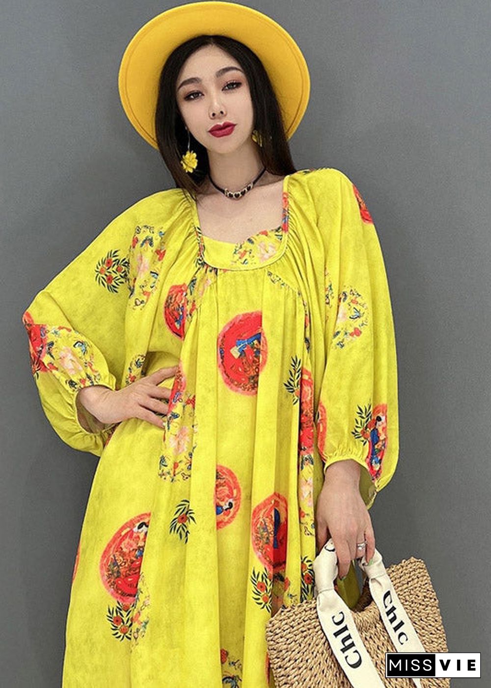 Vogue Yellow O-Neck Print Chiffon Dresses Long Sleeve