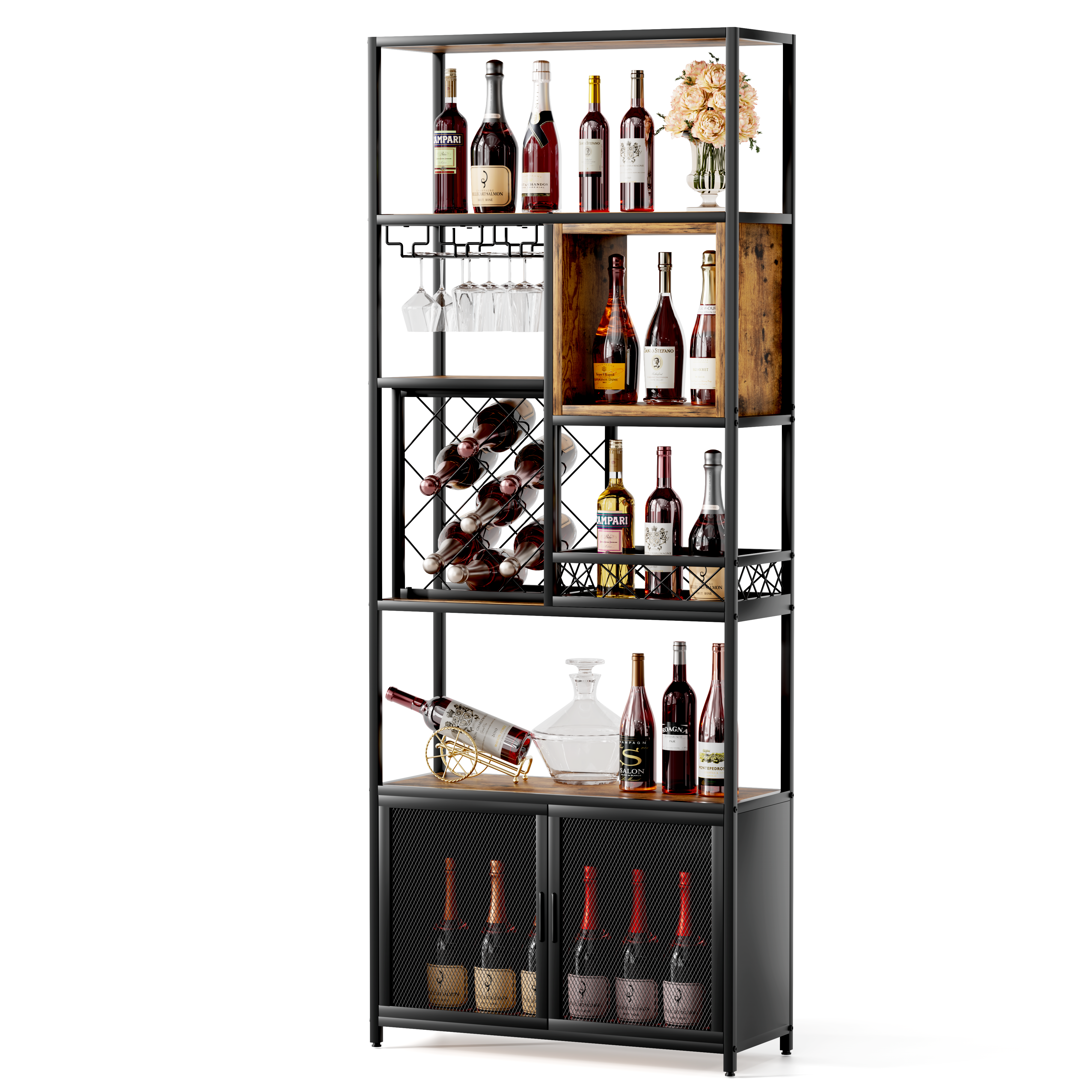 Industrial Tall Black Bar Wine Rack, 82.7 inch Wooden Home Bar Cabinet