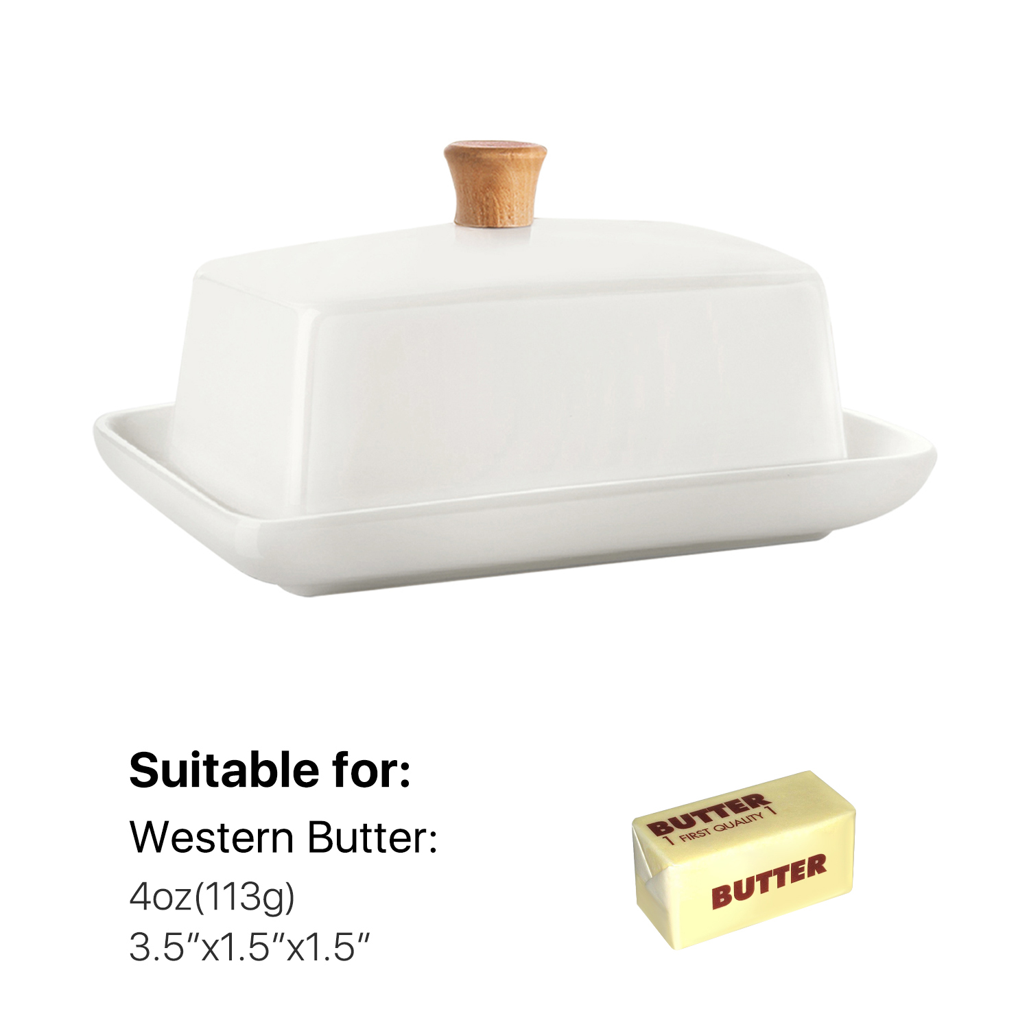 Ceramic Butter Dish and Lid Cover - East/West Butter Storage and Preservation for Kitchen， Countertop (6 Inch) (White)