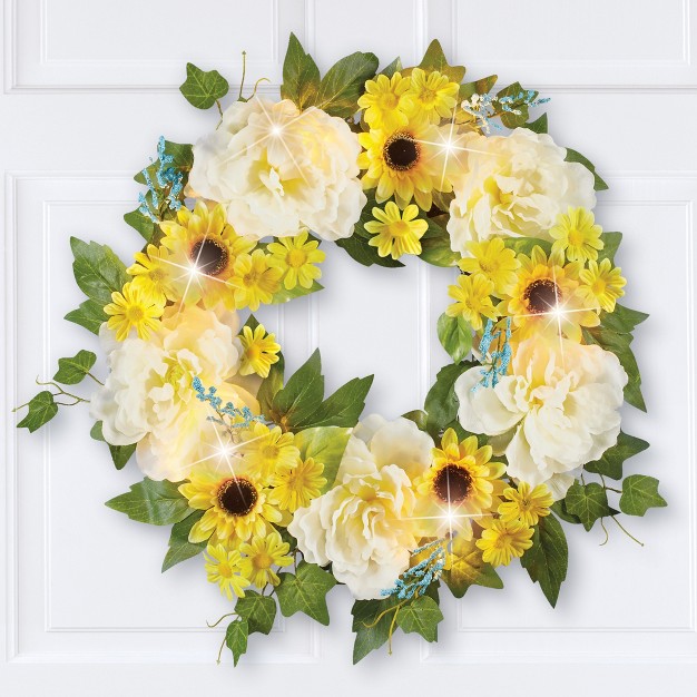 Collections Etc Peonies And Sunflower Led Lighted Hanging Wreath