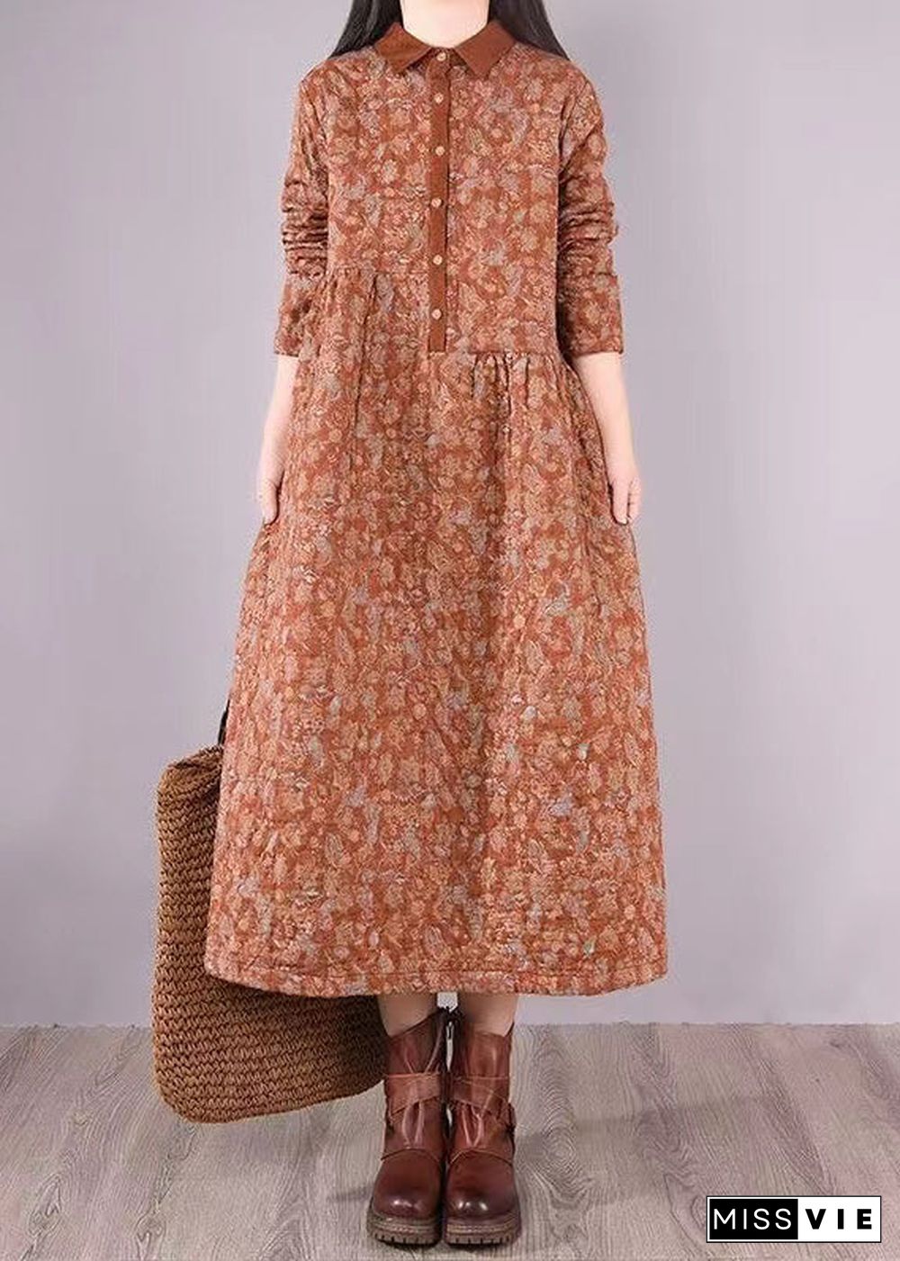 Natural Orange Print Patchwork Fine Cotton Filled Dresses Winter