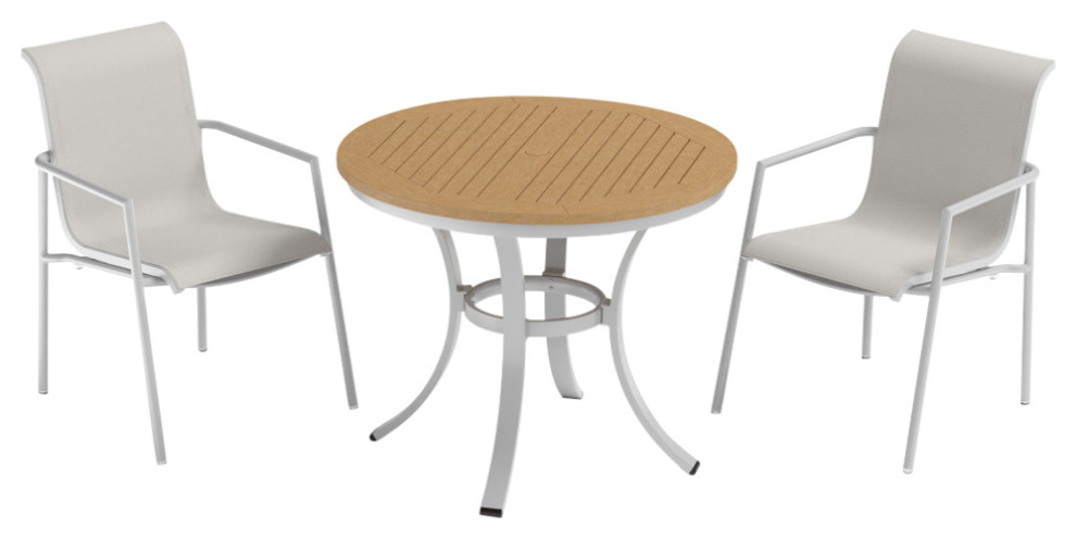 Travira 3 Piece 36 quotCafe Bistro Table and Chairs Set  Natural Tekwood  Fog Sling   Transitional   Outdoor Pub And Bistro Sets   by Oxford Garden  Houzz