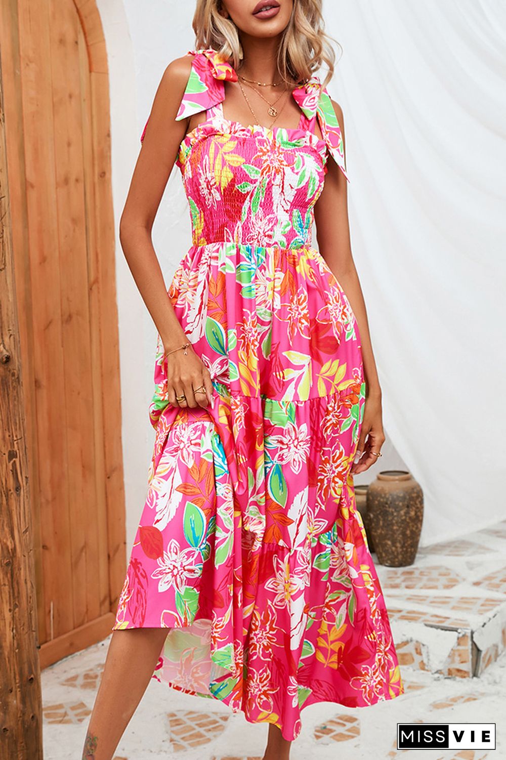 Smocked Tie Strap Tiered Floral Maxi Dress