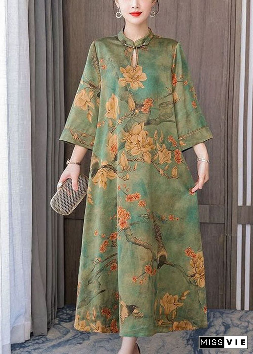 Boutique Green Print Chinese Button Silk Long Dress Bracelet Sleeve