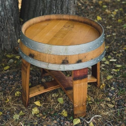 Banded Wine Barrel Side Table With Cross Braces  Outdoor Finish   Rustic   Outdoor Side Tables   by Alpine Wine Design  Houzz