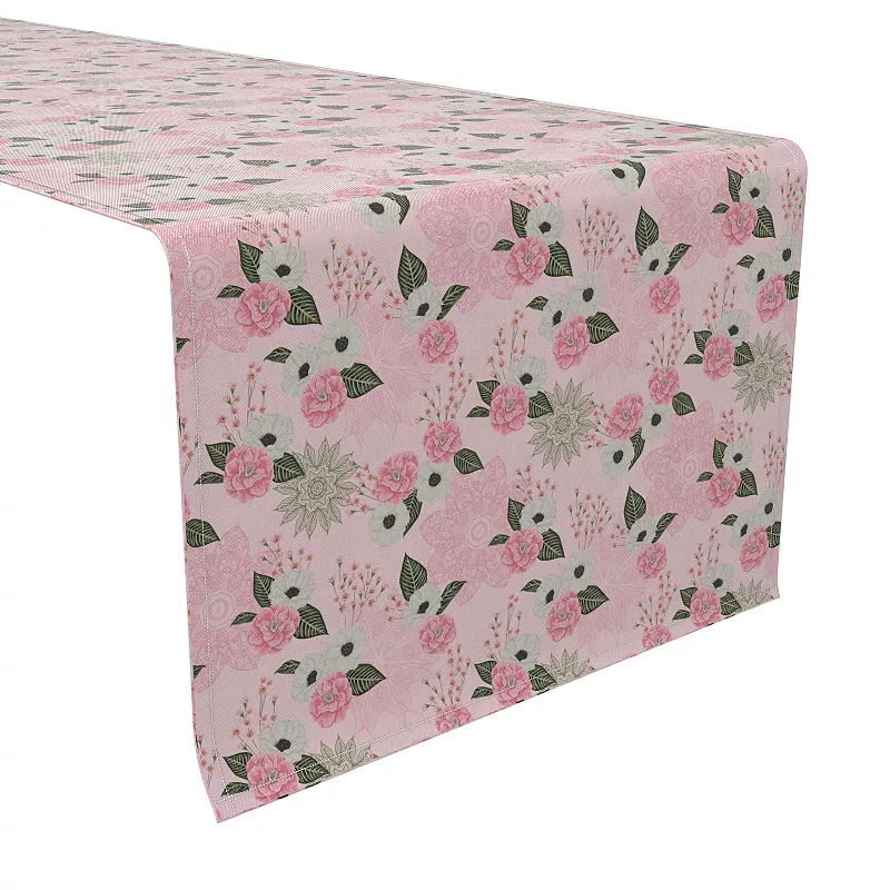 Table Runner， 100% Cotton， 16x108， Pink Camellias