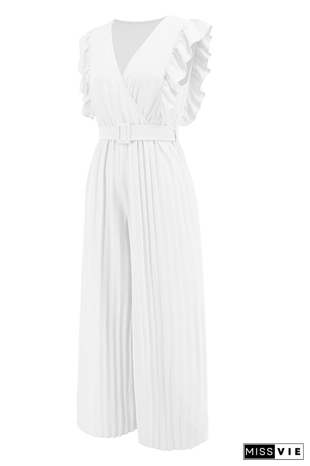 Sleeveless V Neck Ruffle Pleated Wide Leg Jumpsuit