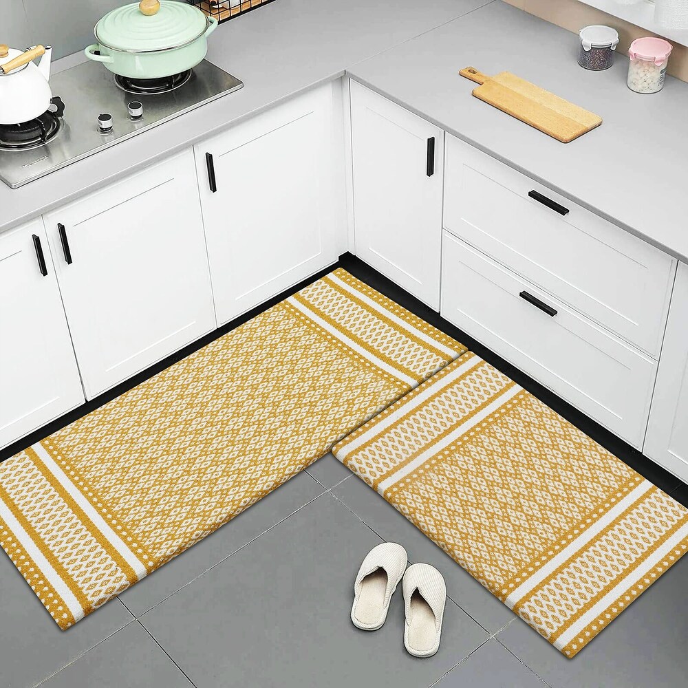 Anti Fatigue Standing Cushioned Kitchen Bath Mats [Set of 2] Woven Cotton  Waterproof  Non Slip  for Office  Sink  Laundry