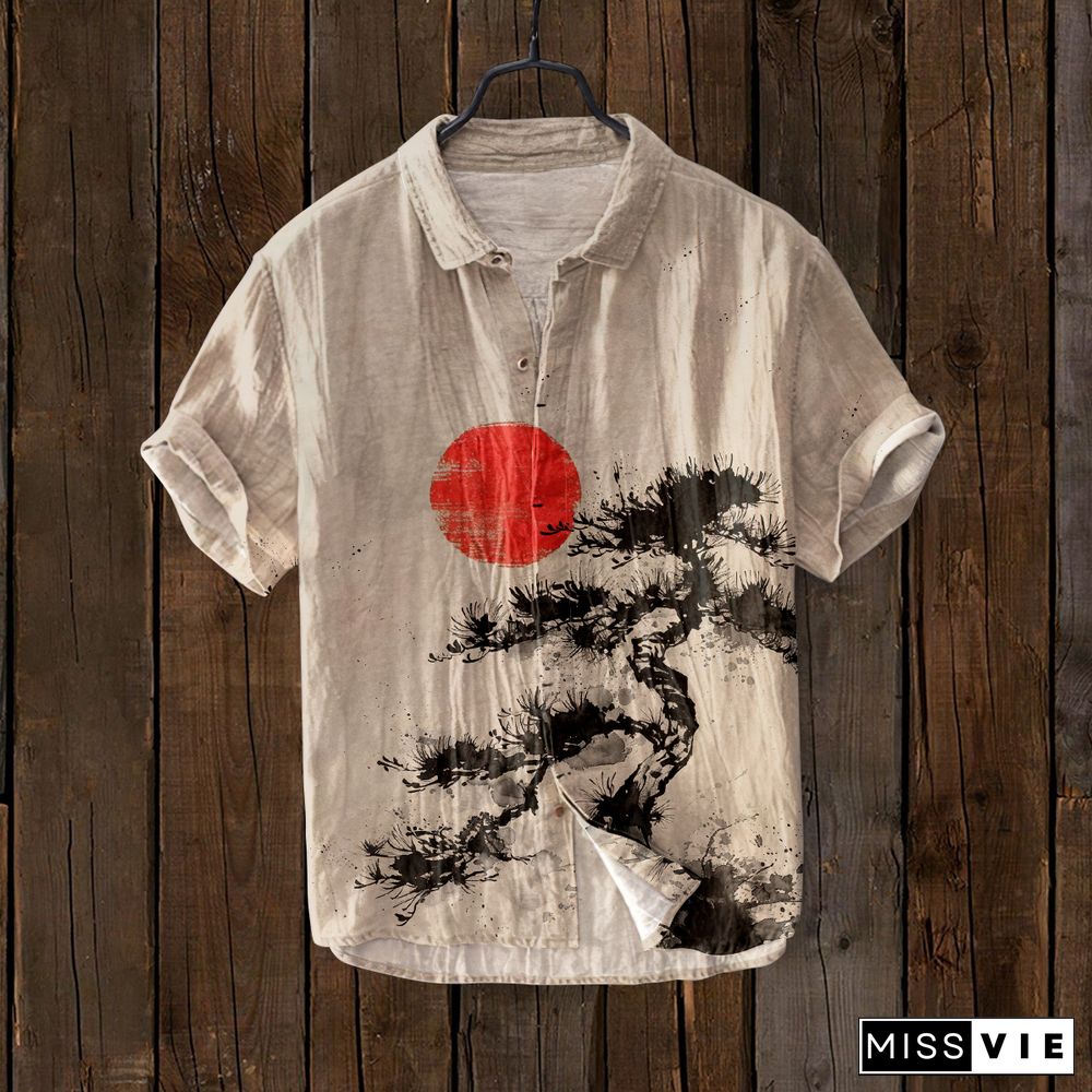 Vintage Pine Tree Red Sun Japanese Art Linen Shirt