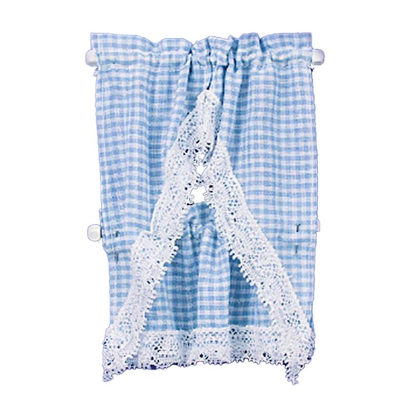 Dolls House Blue Gingham Kitchen Curtains andamp; Valance On Rail Miniature Accessory