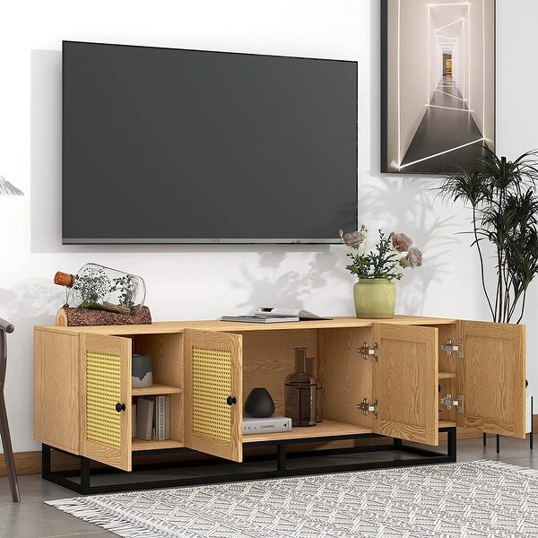 Rattan TV Stand for 65 Inch TV， Rustic TV Console Table with 4 Textured Rattan Doors and 2 Adjustable Panels