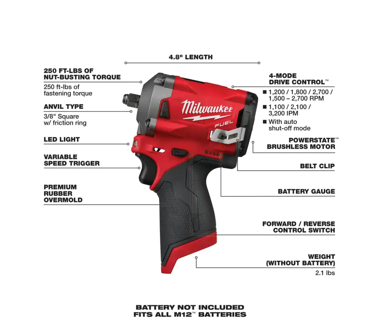 Milwaukee 2554-20-2567-20-2560-20 M12 FUEL 12V Li-Ion Cordless 3/8 in. Impact Wrench w/3/8 in. High Speed Ratchet and 3/8 in. Extended Reach Ratchet