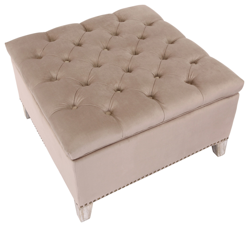 Wordford Square Velvet Tufted Storage Ottoman  Velvet Taupe   Midcentury   Footstools And Ottomans   by WestinTrends  Houzz