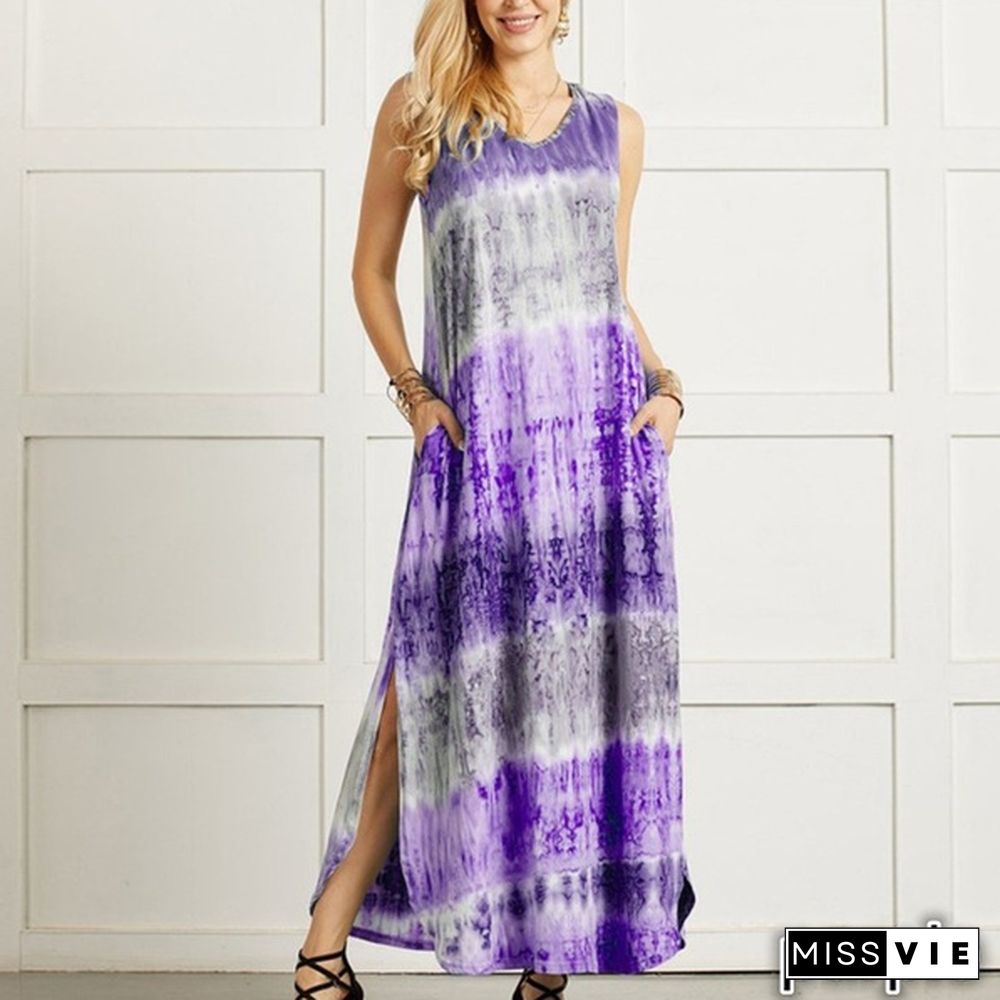 Womens Boho Sleeveless Maxi Dress Summer Casual Loose Tie dye printing Long Sundress Plus Size