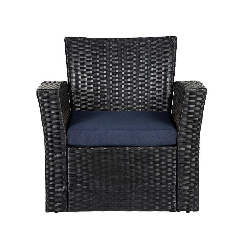 WESTIN OUTDOOR Hudson 4-Piece Black Rattan Wicker Patio Conversation Set with Navy Blue Cushions 1101010-NB