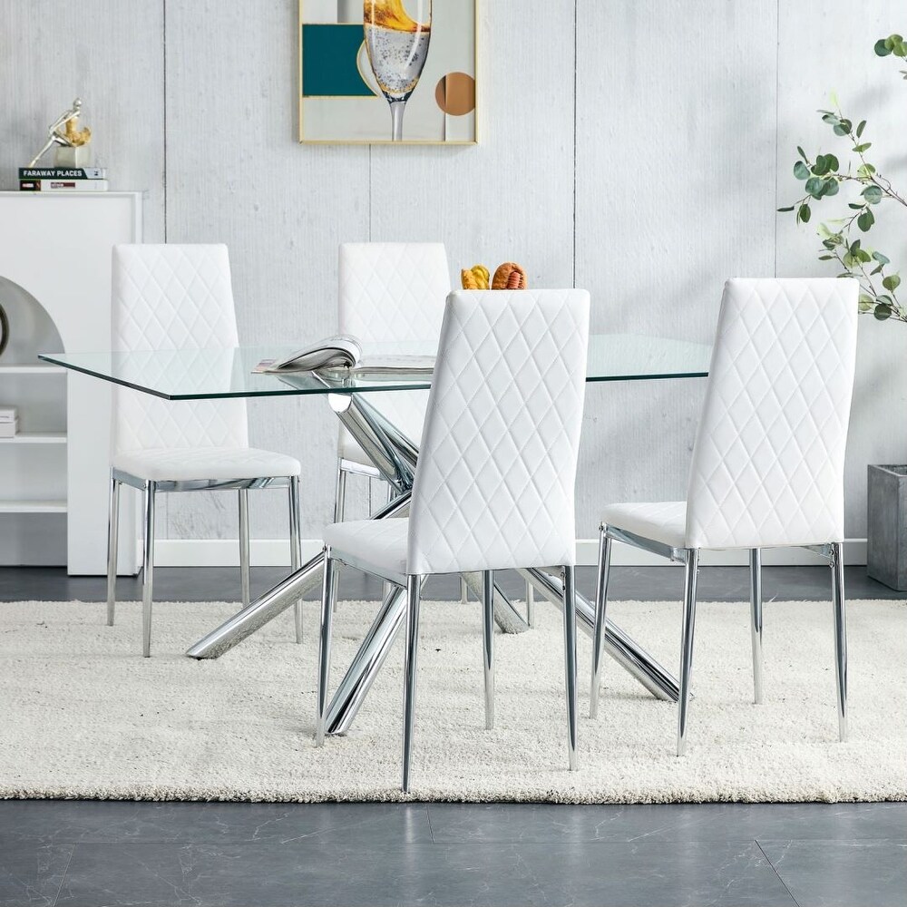 Grid armless high backrest dining chair with silver metal legs set of 4