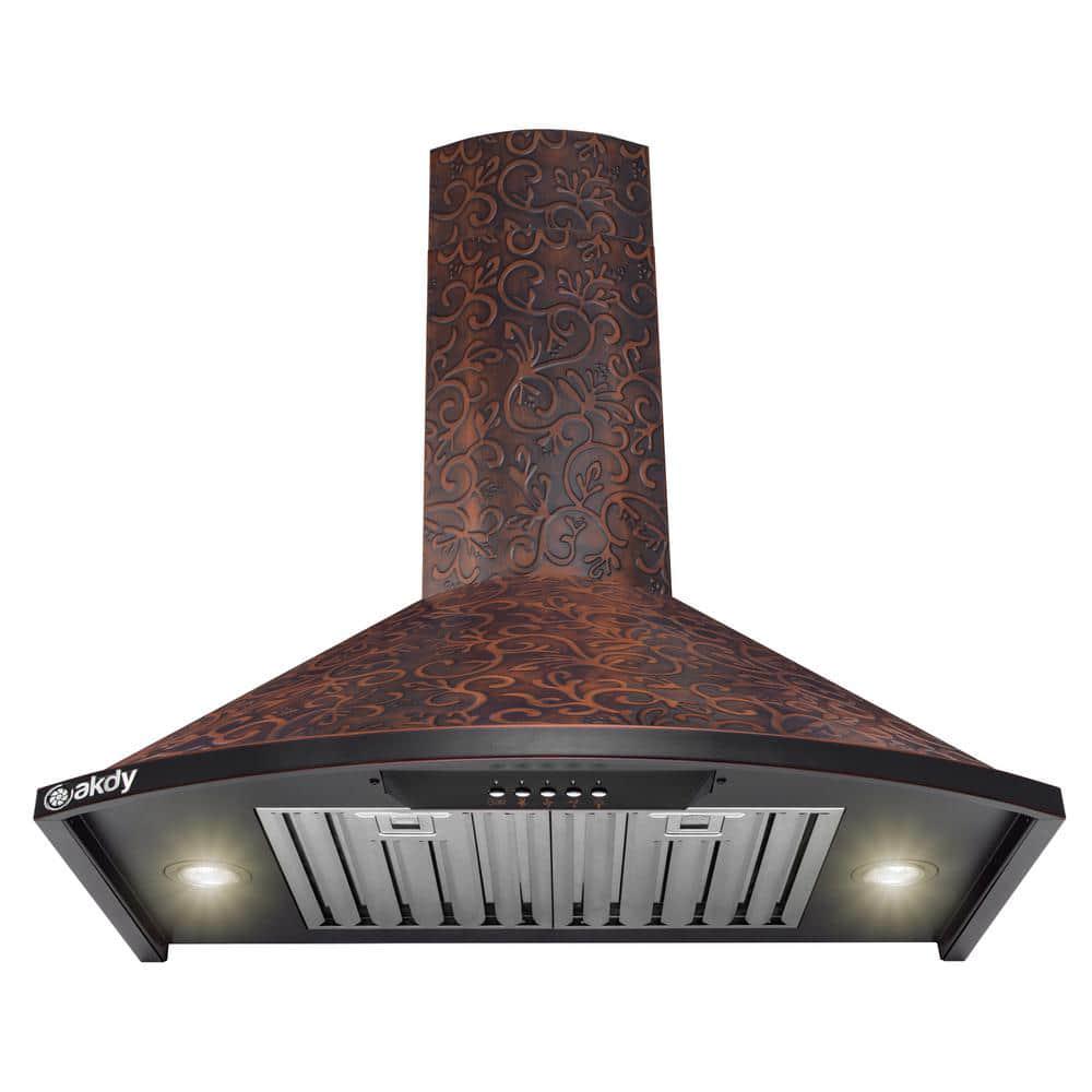 AKDY 30 in Convertible Wall Mount in Embossed Copper Vine Design Kitchen Range Hood with Lights