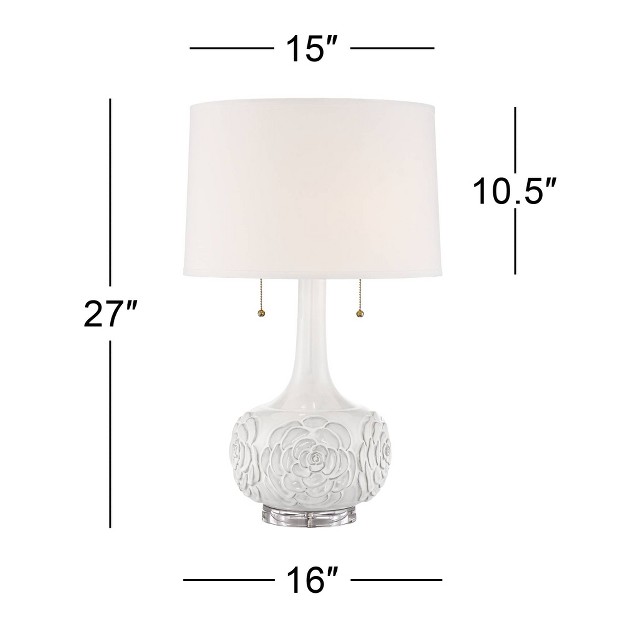 Tall White Ceramic Glaze Textured Floral Drum Shade For Bedroom Living Room Bedside