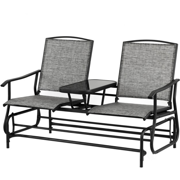 Gardenised Two Person Outdoor Double Swing Glider Chair Set With Center Tempered Glass Table Loveseat Lawn Rocker Bench