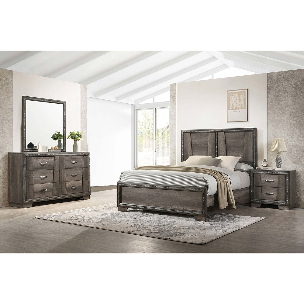 Wooden Panel Bedroom Set with Glittering Strip Design in Grey