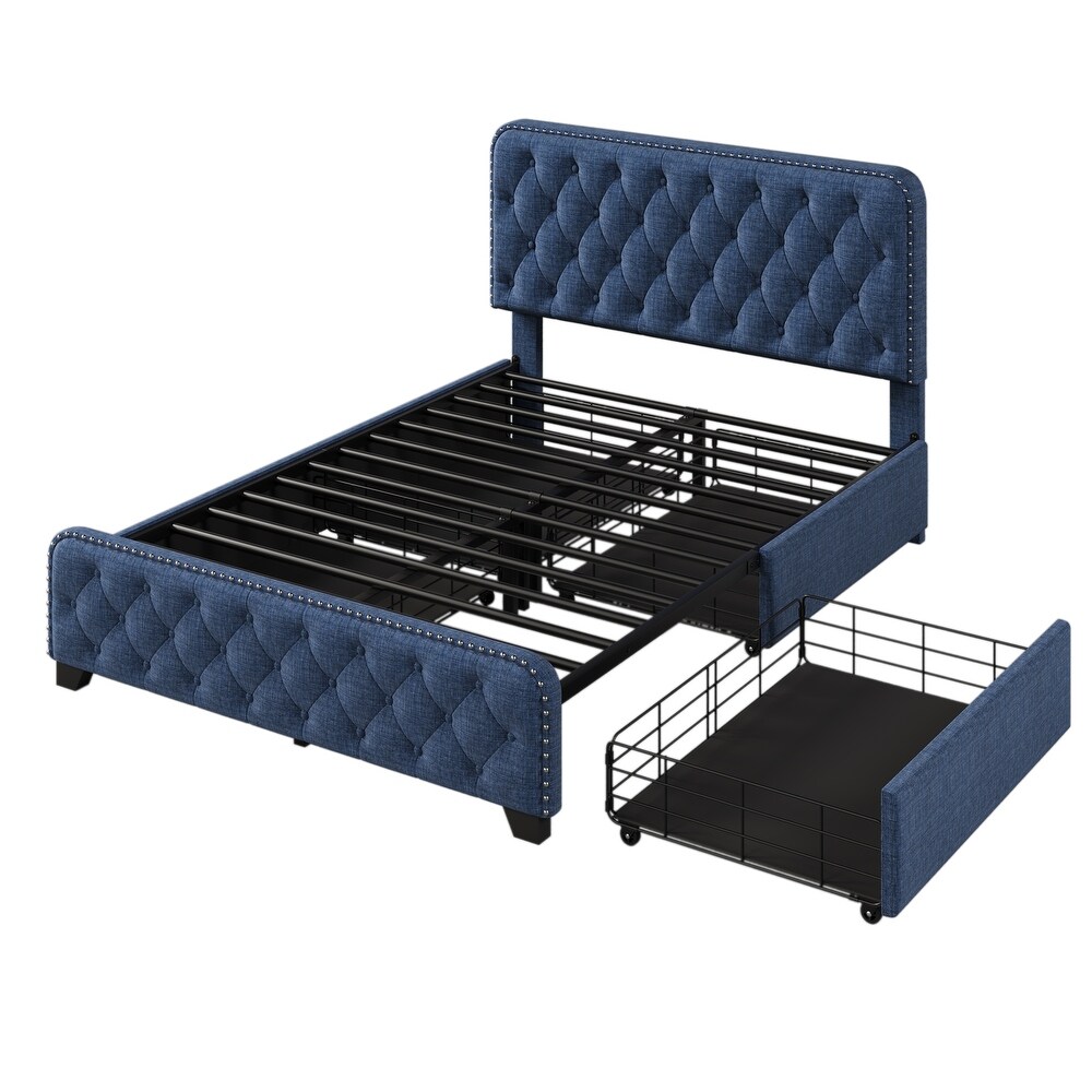 Metal Platform Bed Storage Bed with Button Tufted Headboard Footboard