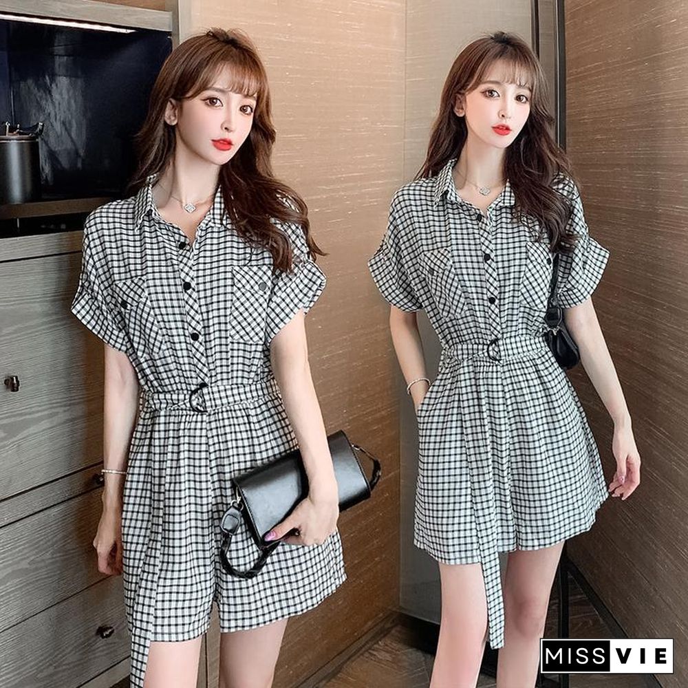 Plaid Lapel Belt Loose Rompers P13923