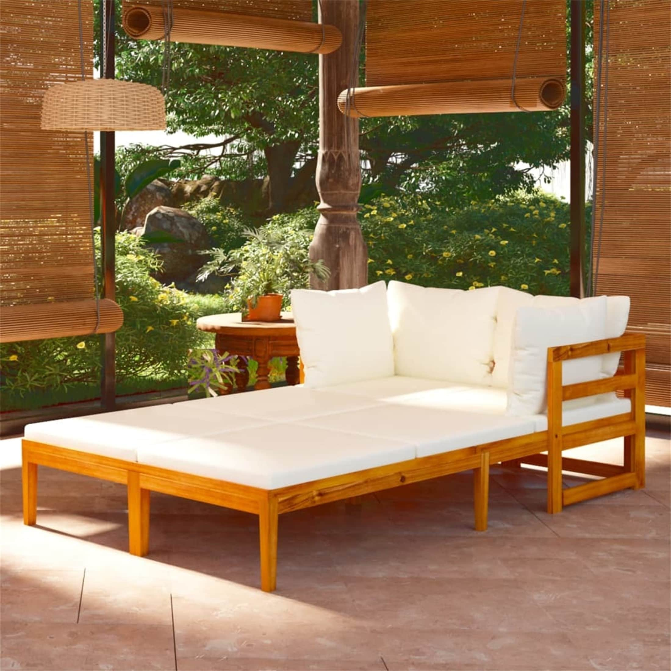 2 pcs Sun Loungers with Cream White Cushions Acacia Wood for Patio