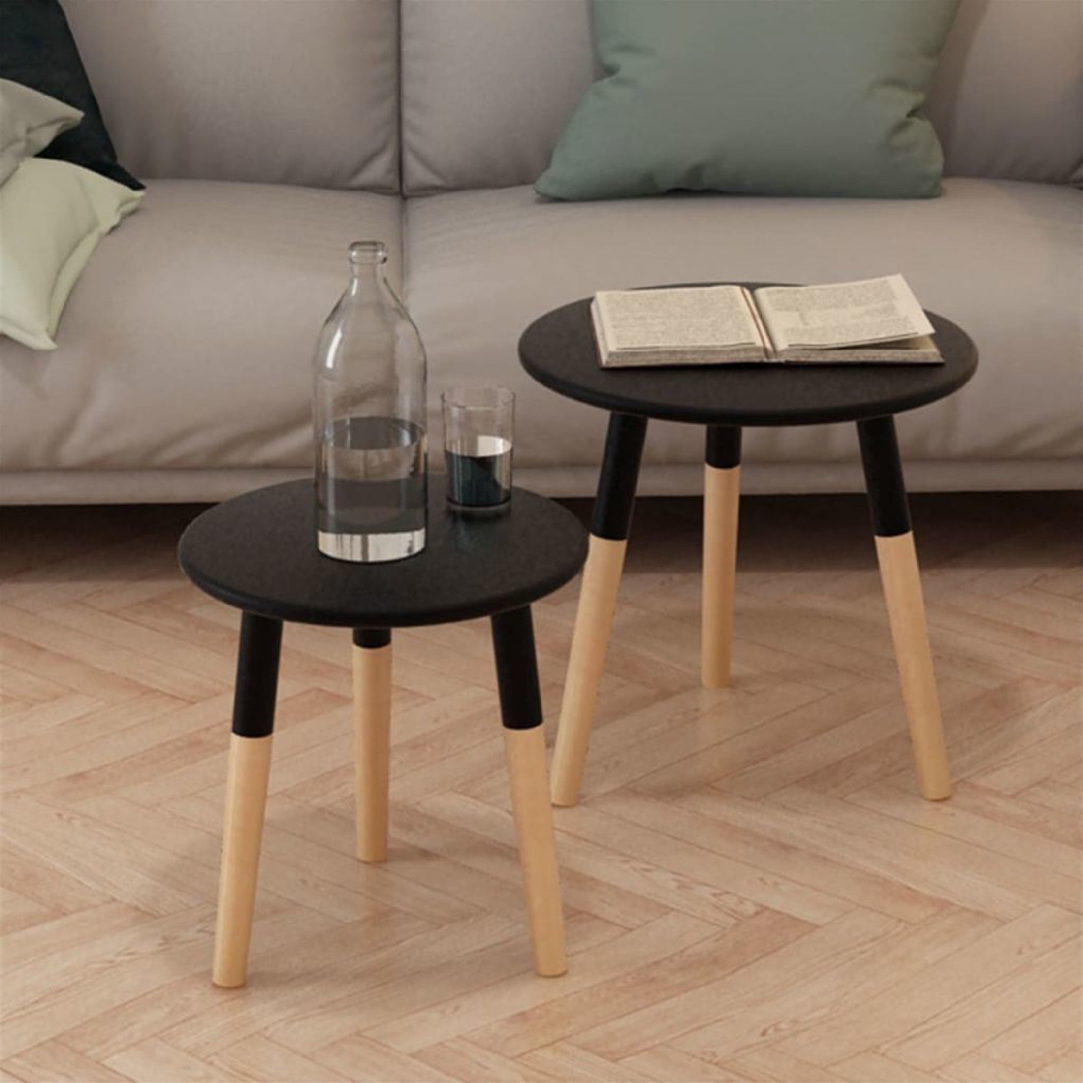 Side Table Set 2 Pieces Coffee Table Solid Pinewood High Quality Black