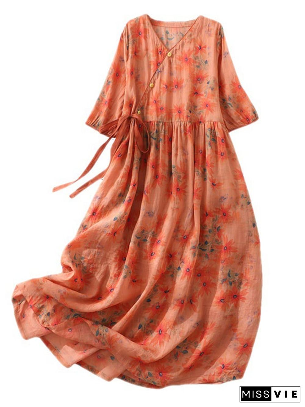 Forest Style Floral Petal Buckle Lined Dress