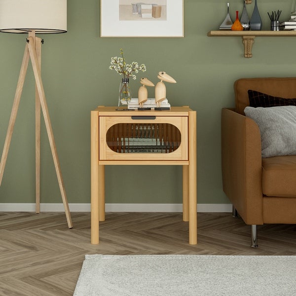 1 Drawer End Table，Bamboo Mid Century Modern Nightstand