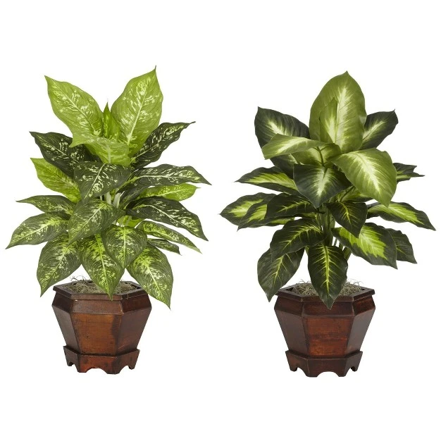 Nearly Natural 20.5-in Dieffenbachia W/wood Vase Silk Plant (set Of 2)