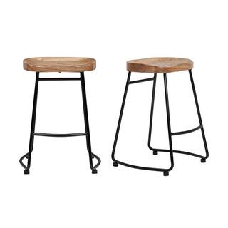 StyleWell Modern Black Metal Backless Counter Stool with Wood Seat (Set of 2) RW812-24-BLK