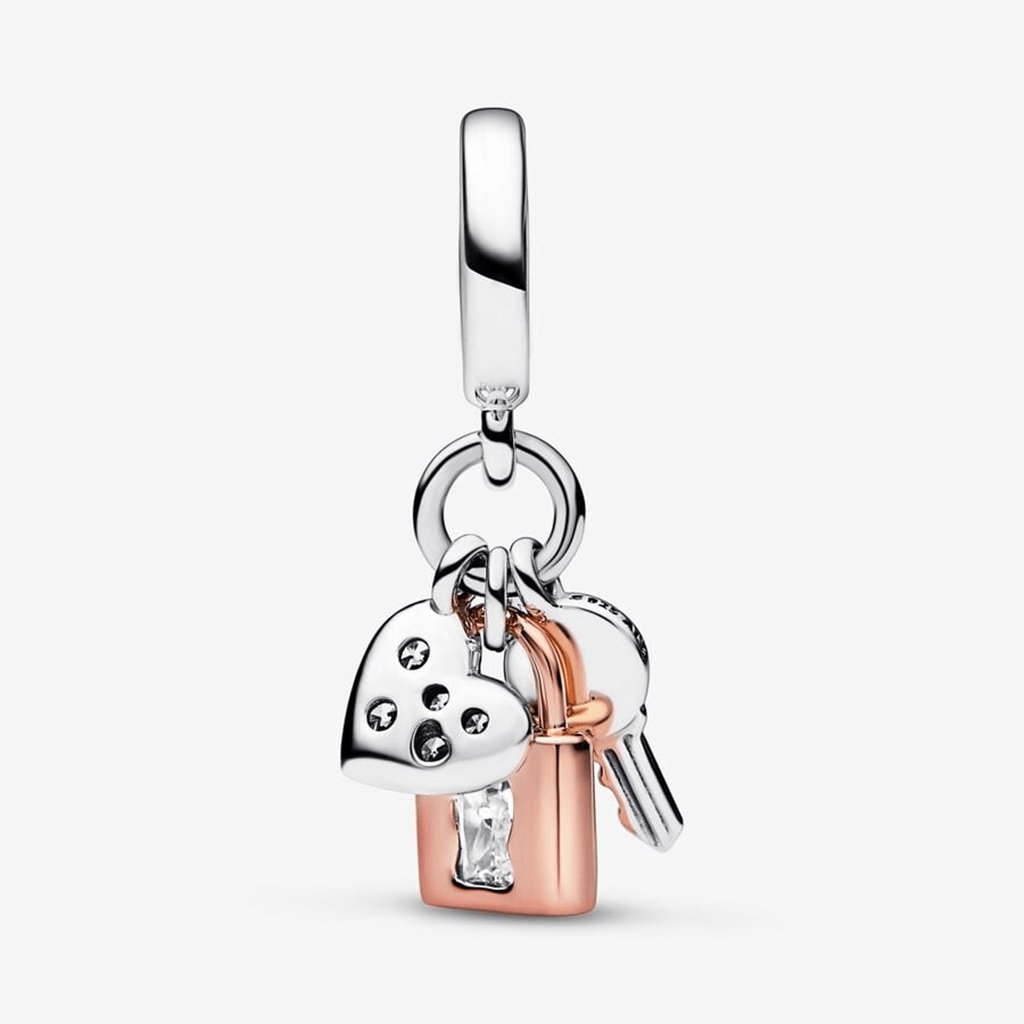 PANDORA  Two-tone Key, Padlock & Heart Triple Dangle Charm