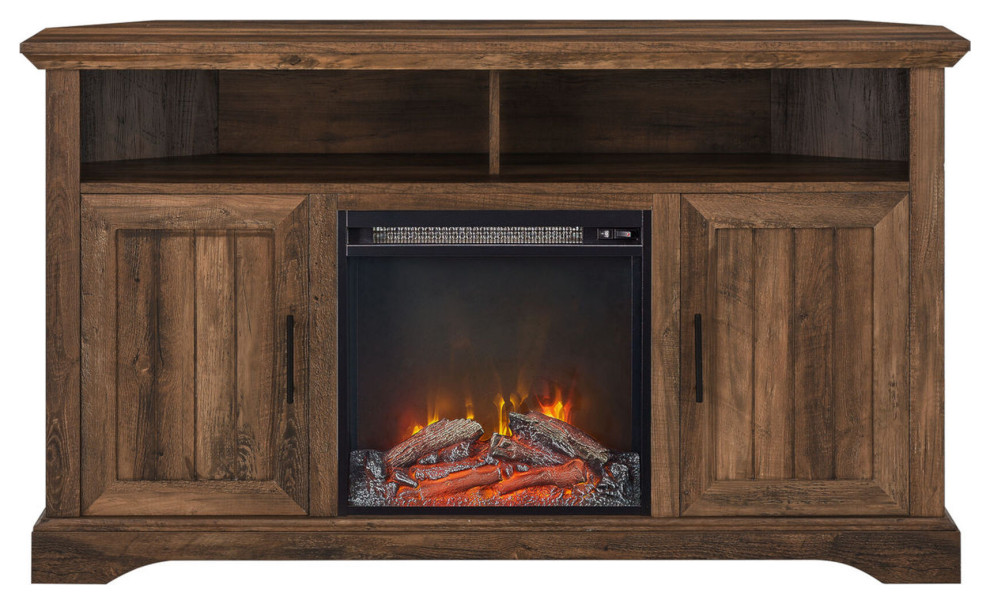 Coastal Grooved Door Fireplace Corner Tv Stand For Tvs Up To 60”  Rustic Oak   Transitional   Entertainment Centers And Tv Stands   by Kolibri Decor  Houzz