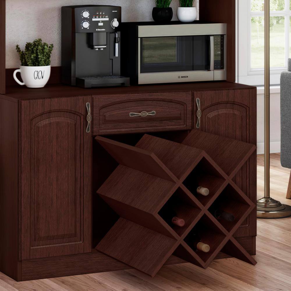 LIVING SKOG Galiano 73 in. Espresso Pantry Buffet with Hutch with Wine Rack and Drawer BJJESP