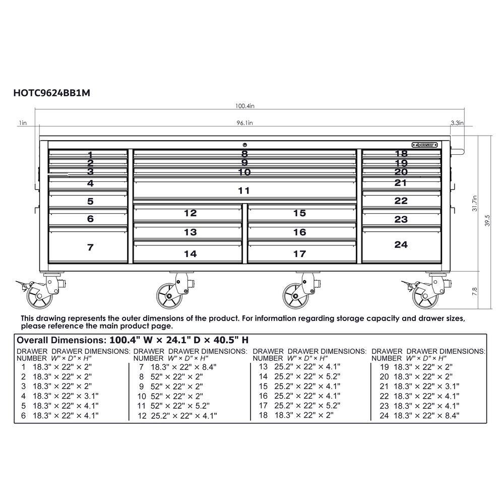 Husky HD 96 in. W x 24 in. D 24-Drawer Matte Black Mobile Workbench Cabinet with Stainless Steel Top HOTC9624BB1M