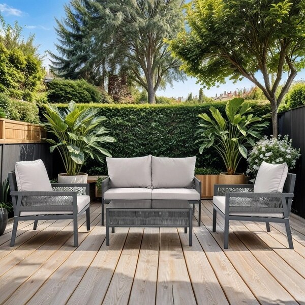 4Piece Patio Conversation Set with Tempered Glass Table，Outdoor Loveseat Chair Set with Thick Cushion for Backyard，Grey